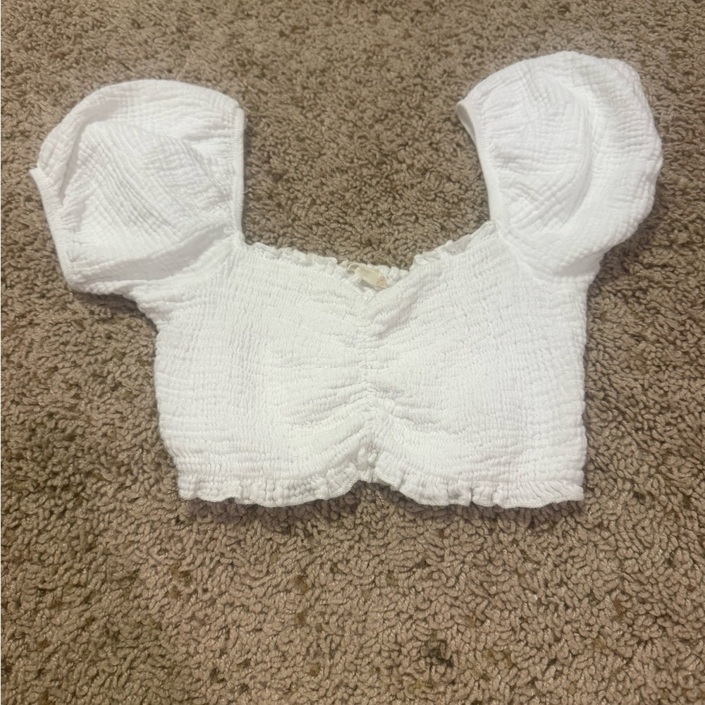Altar'd State White Textured Puff Sleeve Crop Top